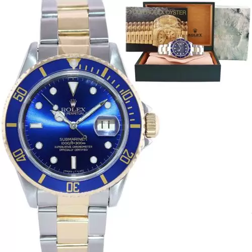 MINT Rolex Submariner 16613 Gold Steel Two Tone Yellow Gold Sunburst Blue Watch
                                                in
                                Huntington,
                                New York